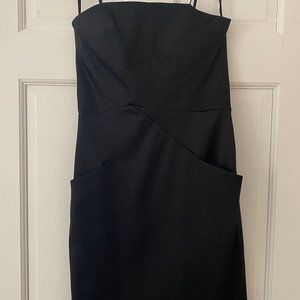 BCBG black strapless satin mini dress with pockets